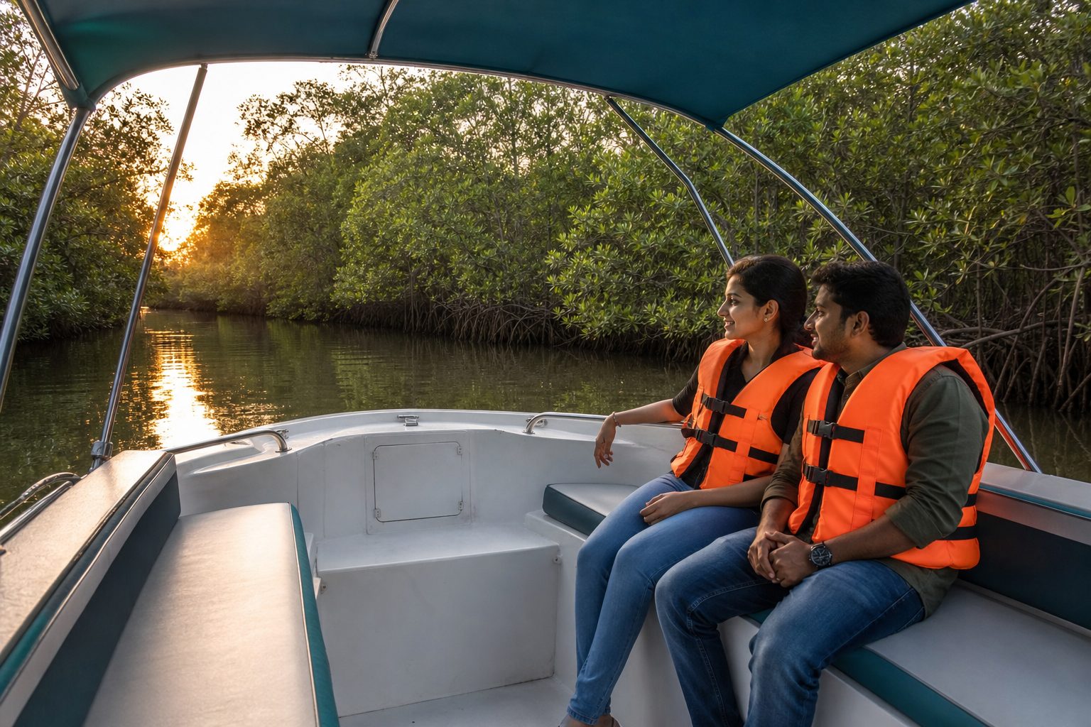 A couple in life jackets on a mangrove boat — generated stand-in until a Saailors Voyage shot is used.